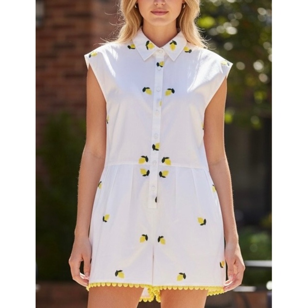 Prosperina Red Dress Anacapri Lemon Embroidered Romper Scalloped Trim Small NWT